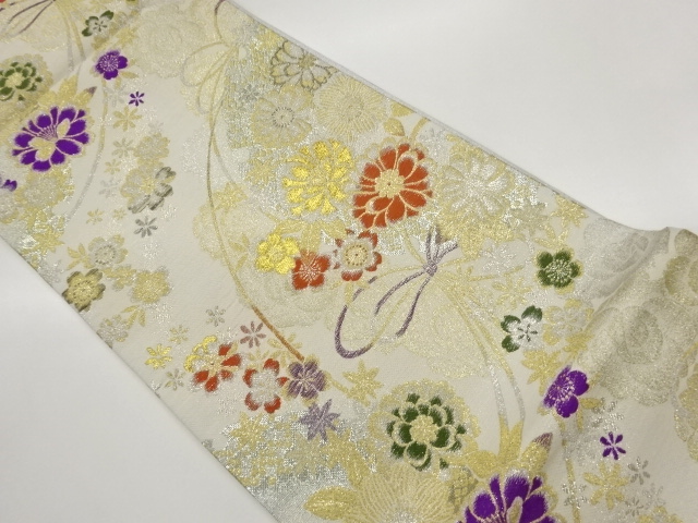 JAPANESE KIMONO / FUKURO OBI / SILK / WOVEN KUSUDAMA & FLOWERS